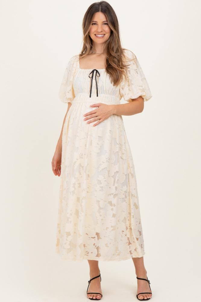 cream lace puff sleeve maternity midi dress