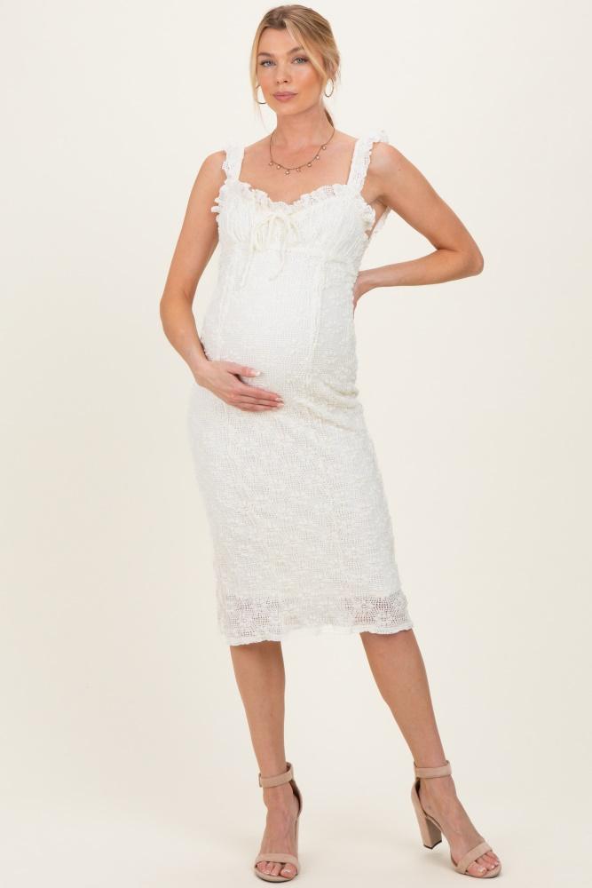 cream lace ruffle accent sleeveless maternity midi dress