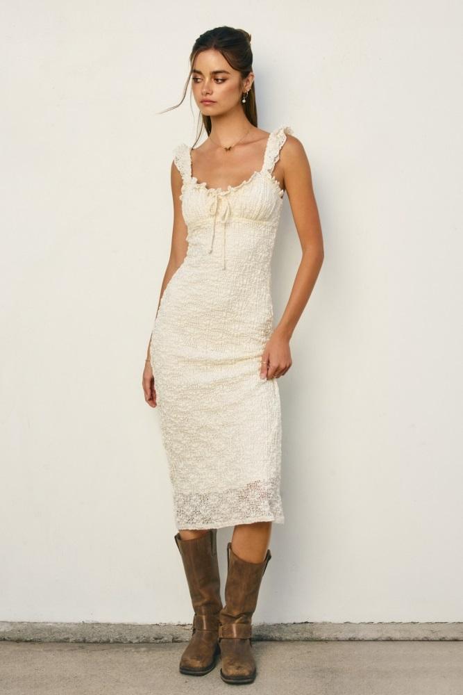 cream lace ruffle accent sleeveless midi dress