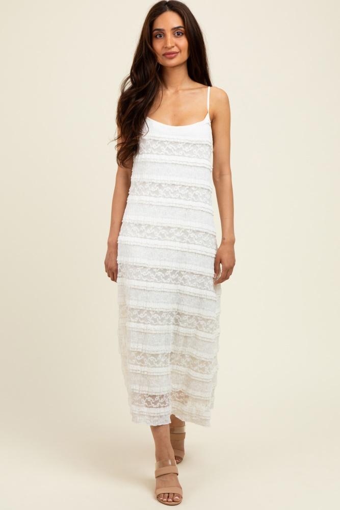 cream lace ruffle trim tiered midi dress