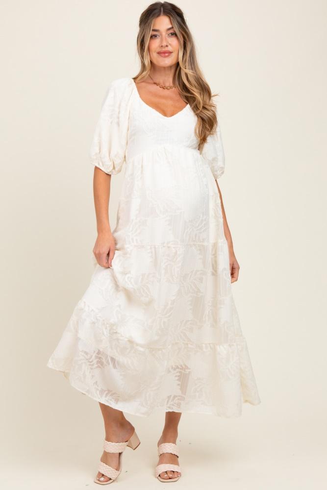 cream leaf textured tiered midi maternity dress