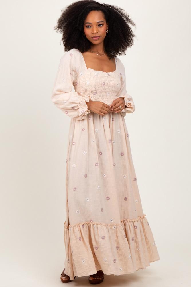 cream long sleeve floral accent dress