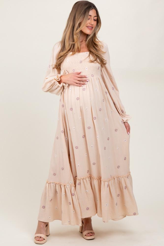 cream long sleeve floral accent maternity dress