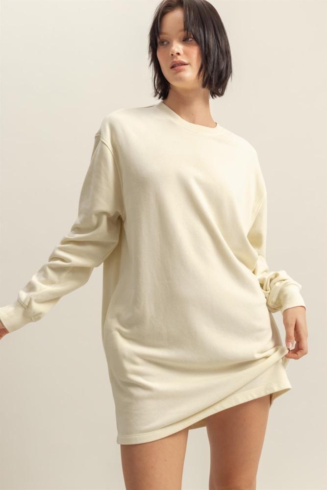cream long sleeve oversized sweatshirt mini dress