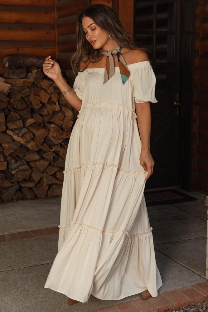 cream off shoulder ruffle tiered maternity maxi dress