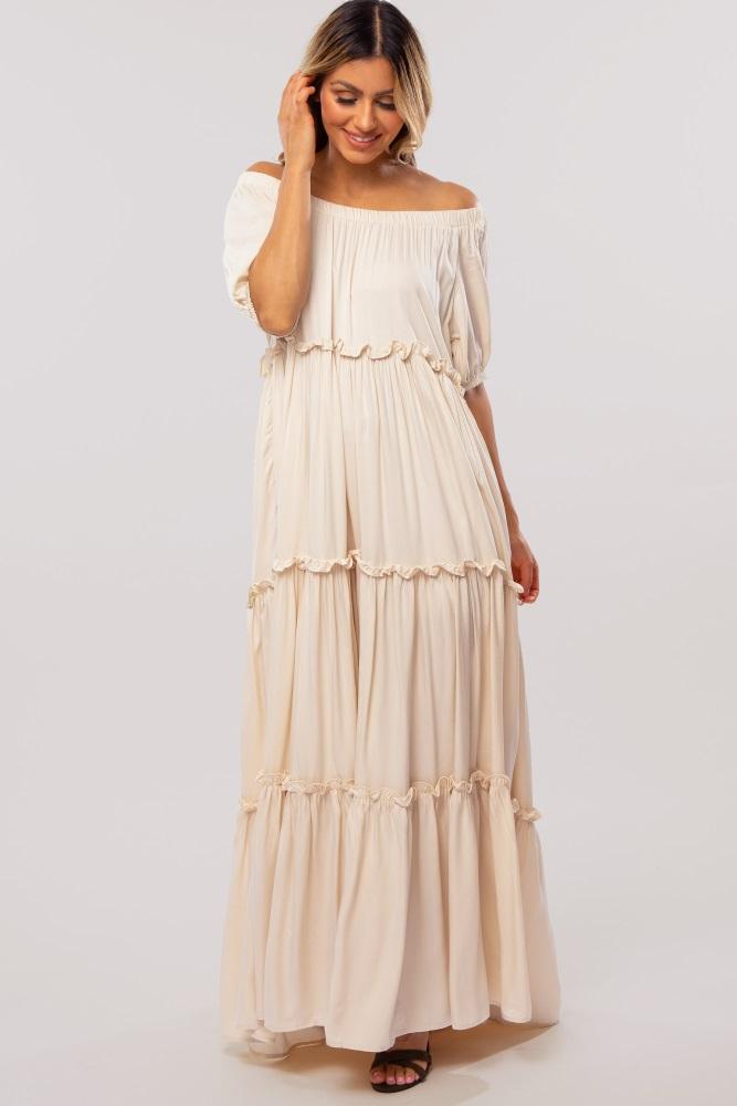 cream off shoulder ruffle tiered maxi dress