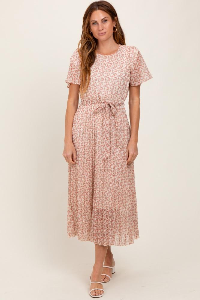 cream pink print pleated midi dress