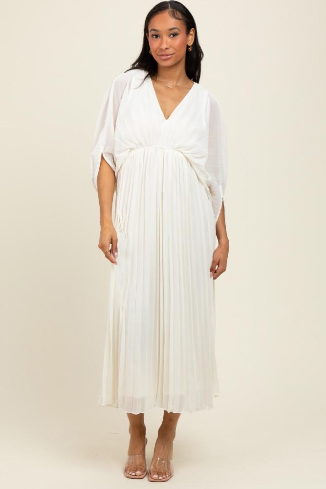 cream pleated v neck maxi dress