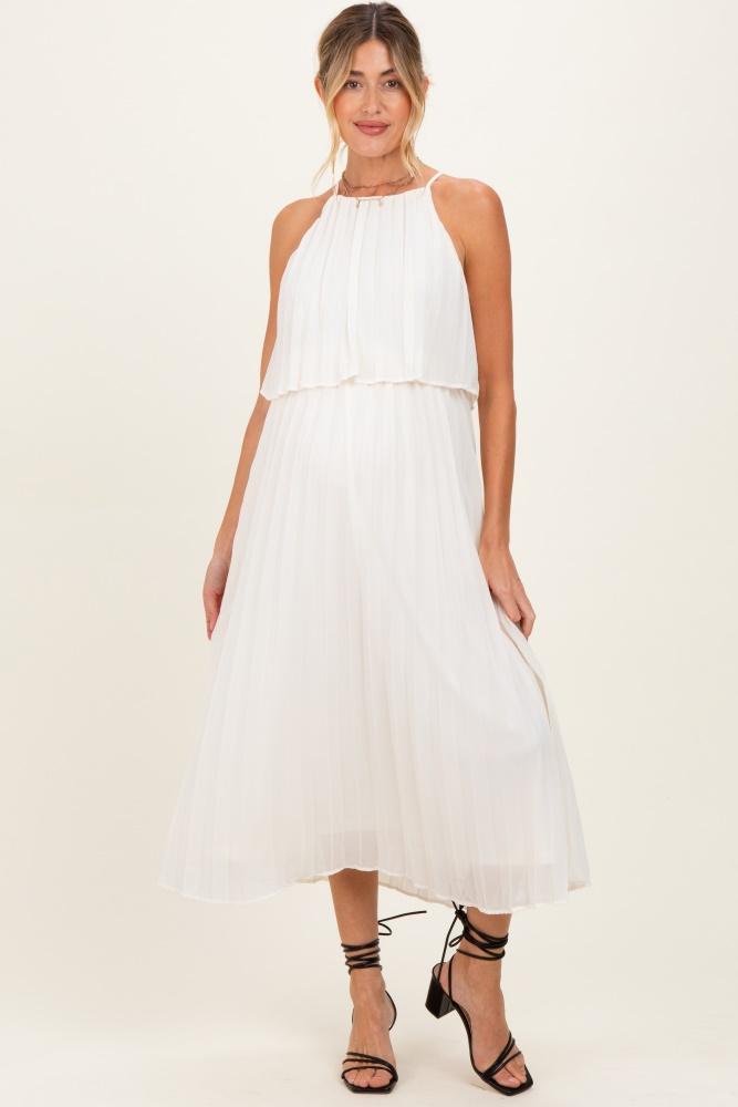 cream pleated woven maternity midi dress