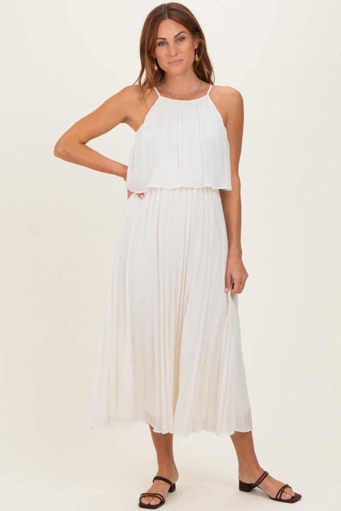 cream pleated woven midi dress