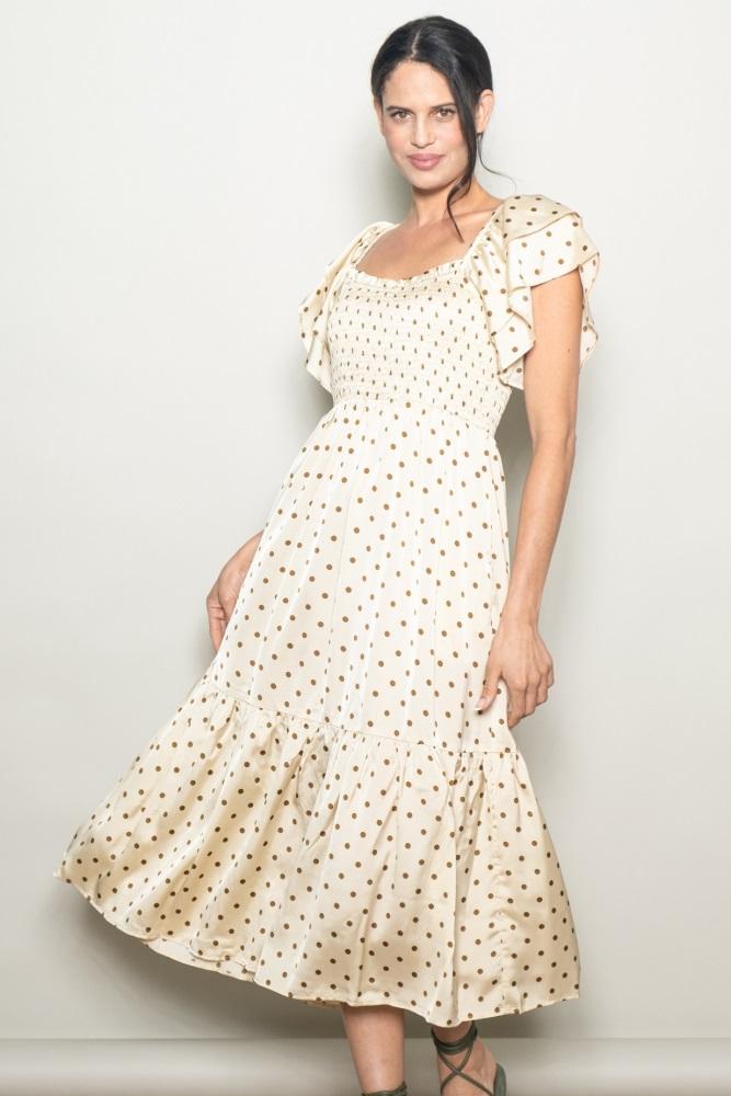 cream polka dot satin smocked flutter sleeve dress
