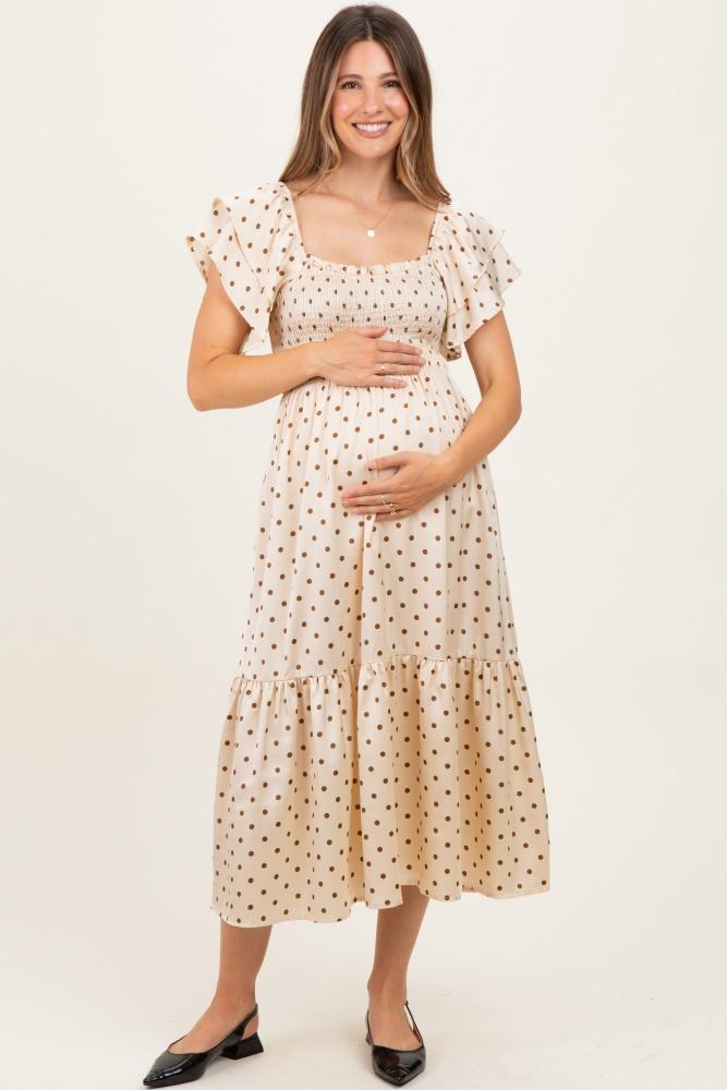 cream polka dot satin smocked flutter sleeve maternity dress