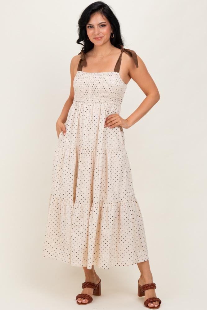 cream polka dot tiered shoulder tie midi dress