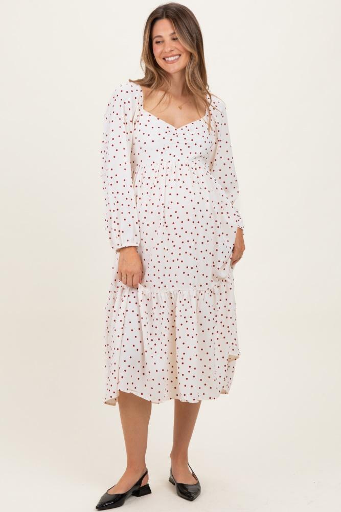 cream polka dots sweetheart neck maternity midi dress