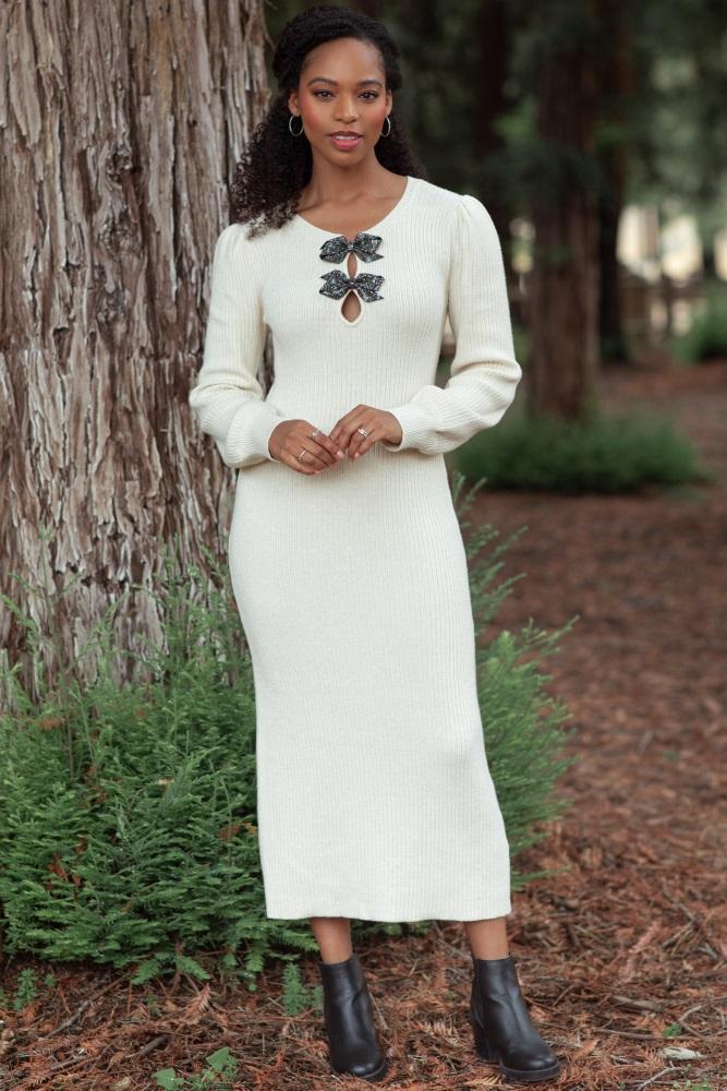 cream ribbed bow detail midi sweater dress