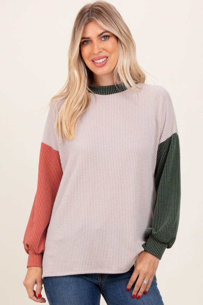 cream ribbed colorblock side slit top