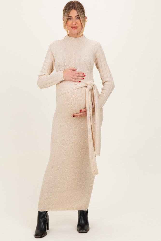 cream ribbed front tie maternity maxi sweater dress