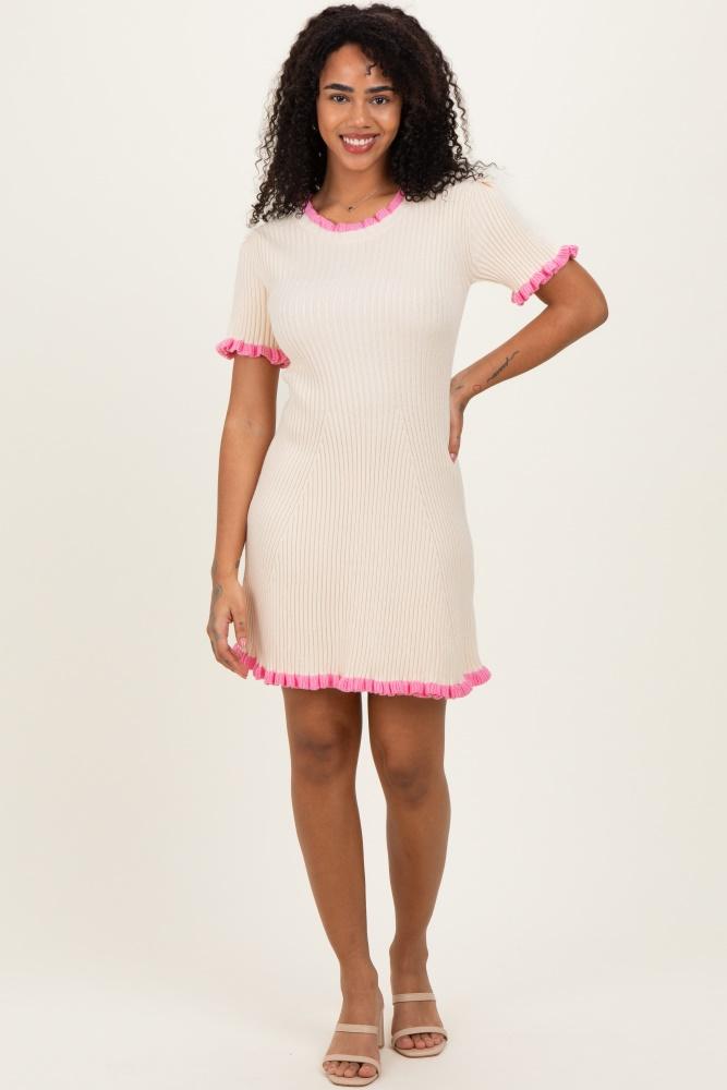 cream ribbed knit ruffle trim mini dress
