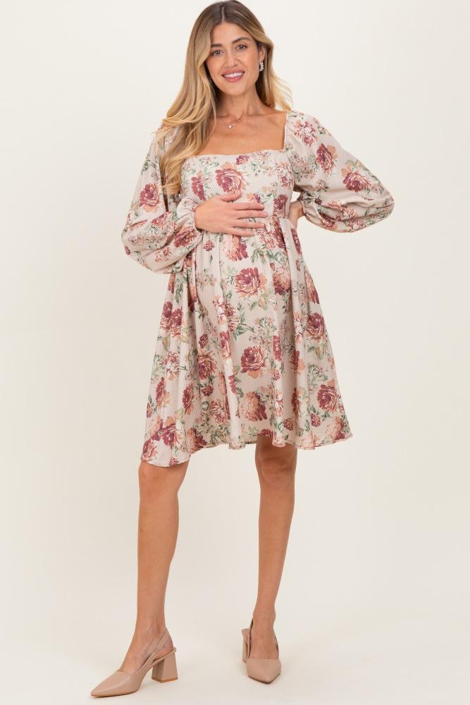 cream rose floral long sleeve maternity dress