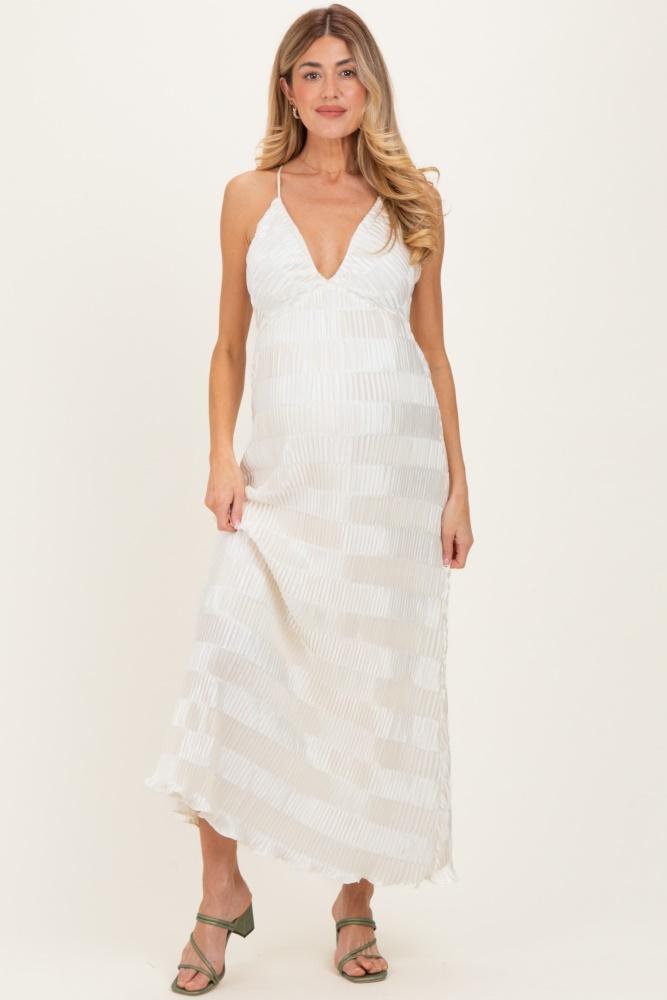 cream satin plisse v-neck maternity maxi dress