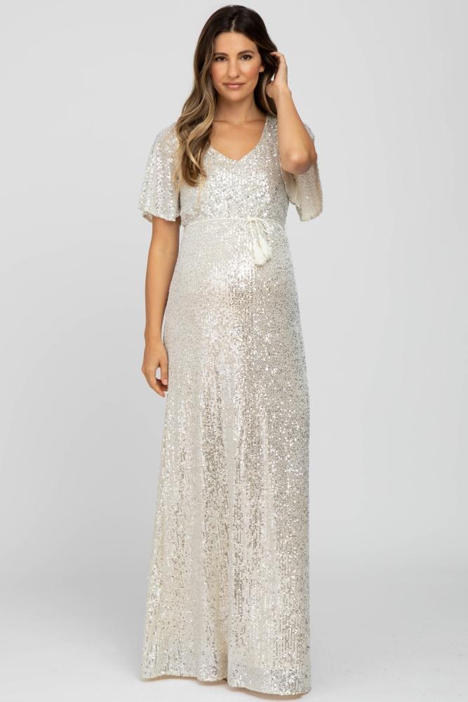 cream sequin short sleeve maternity maxi dress