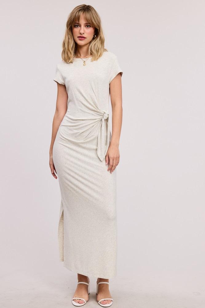 cream side knot tie short sleeve midi dress