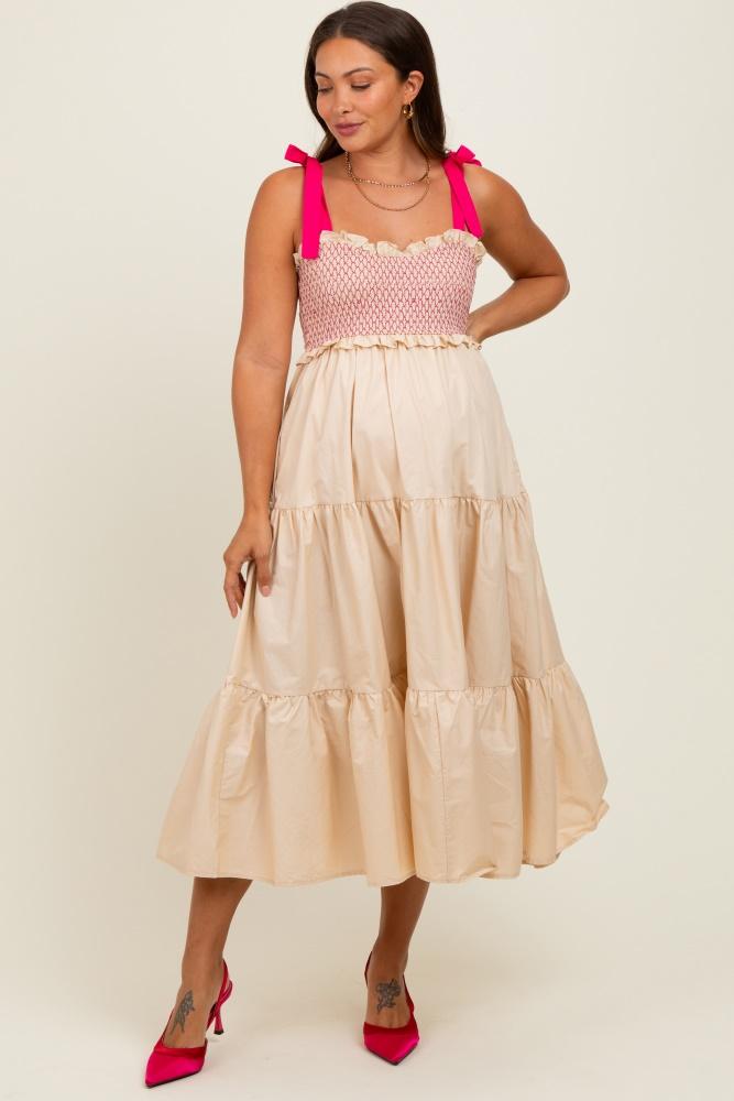 cream smocked contrast shoulder tie maternity midi dress