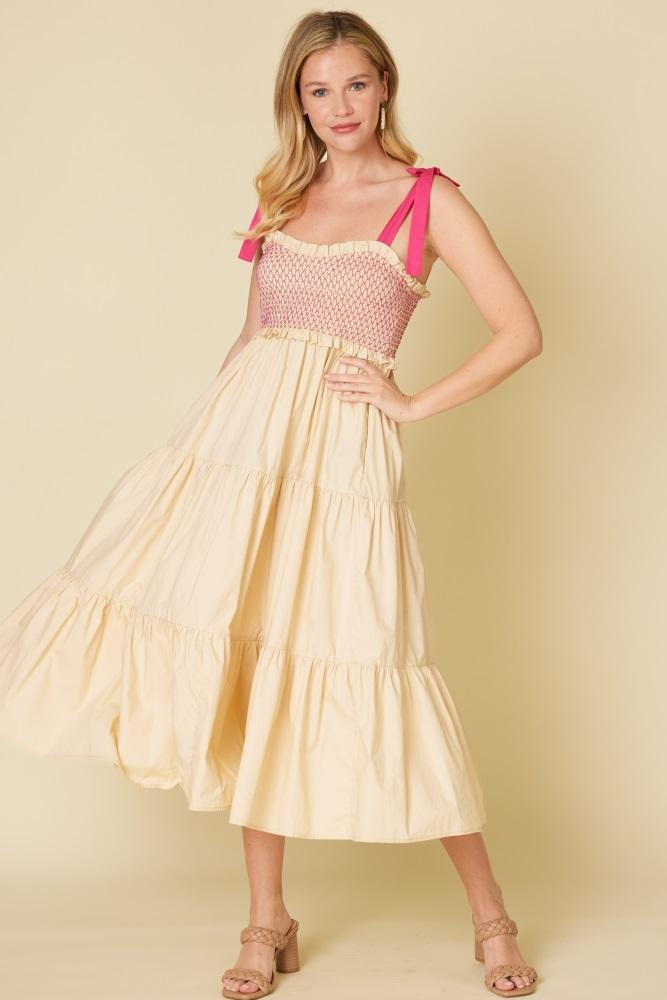 cream smocked contrast shoulder tie midi dress