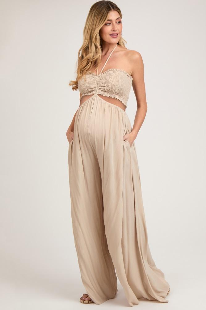 cream smocked drawstring halter side cutout maternity jumpsuit