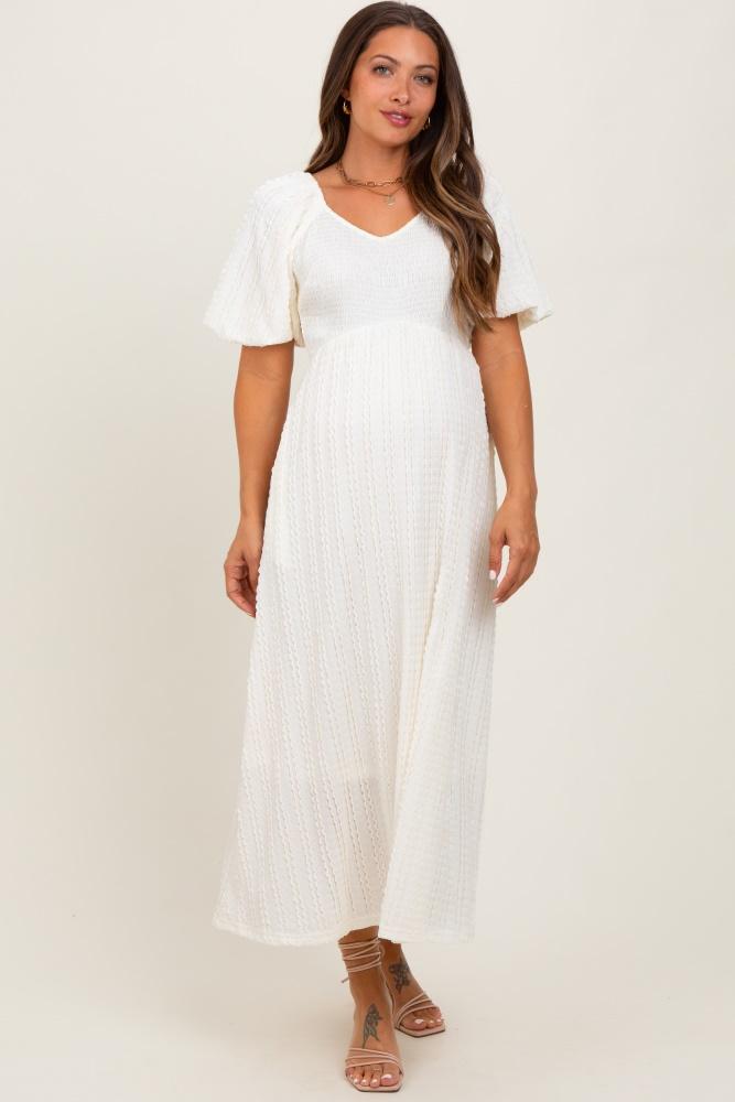 cream smocked v-neck short puff sleeve textured maternity midi dress