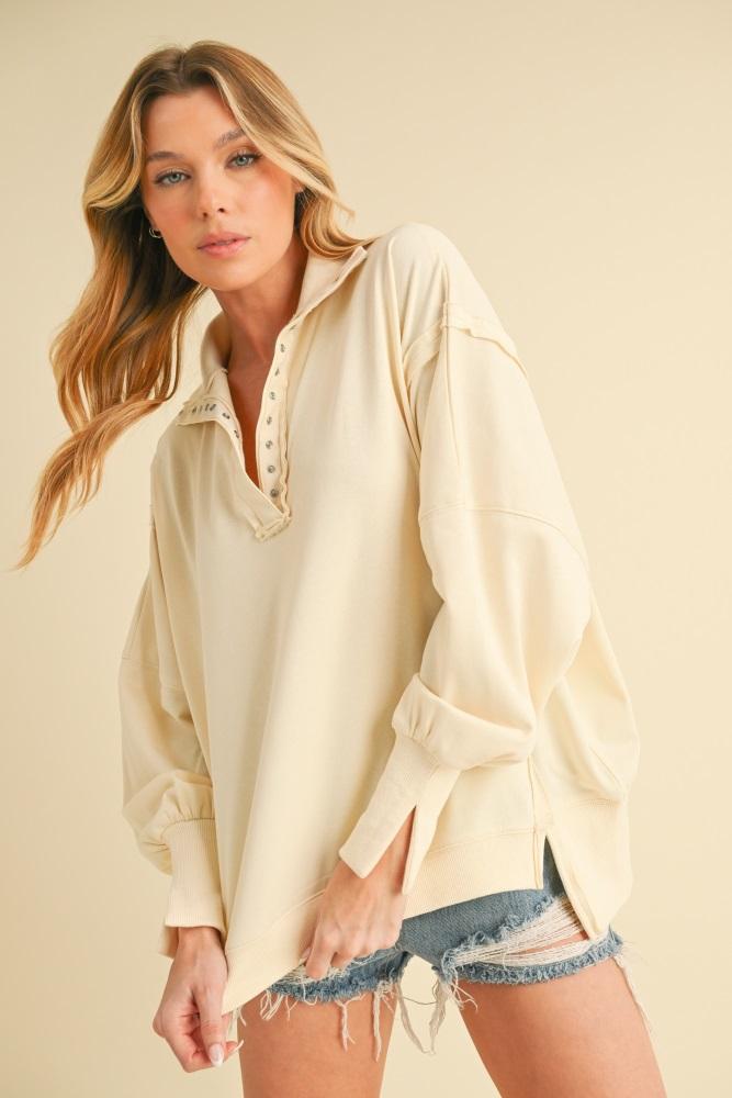 cream snap button pullover henley sweatshirt