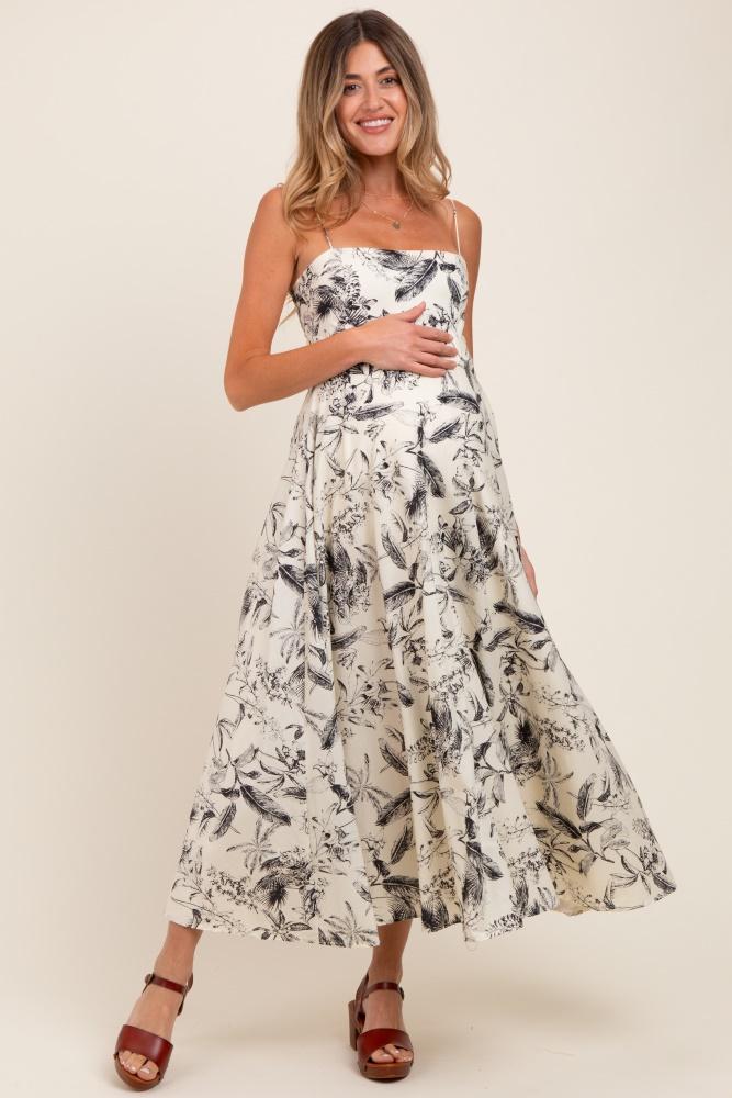 cream spaghetti strap printed a-line maternity midi dress