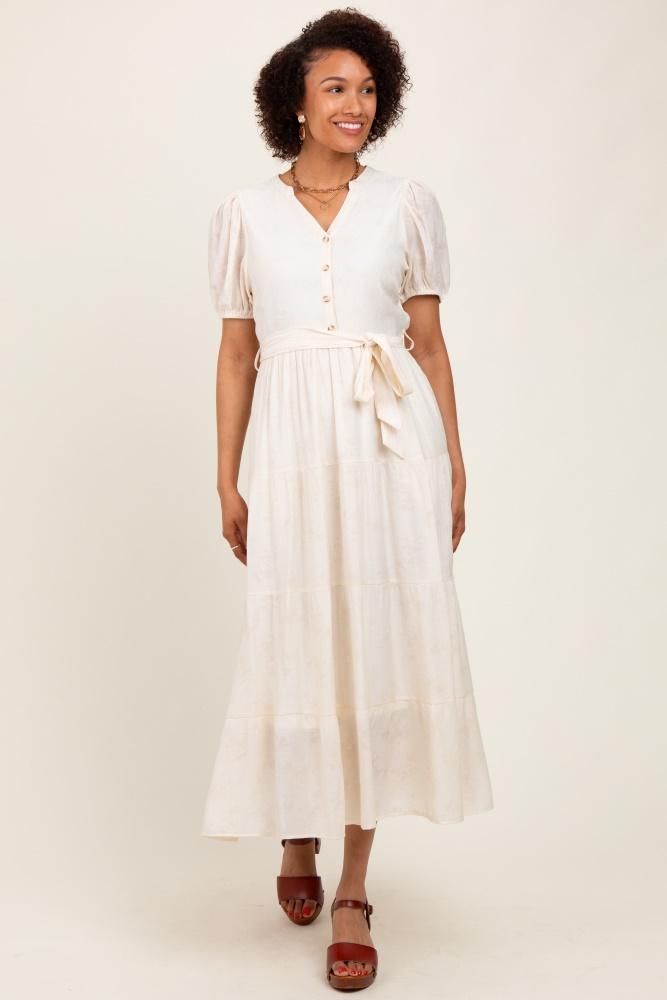 cream split neckline tiered midi dress