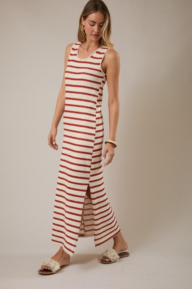 cream striped crochet knit sleeveless maxi dress