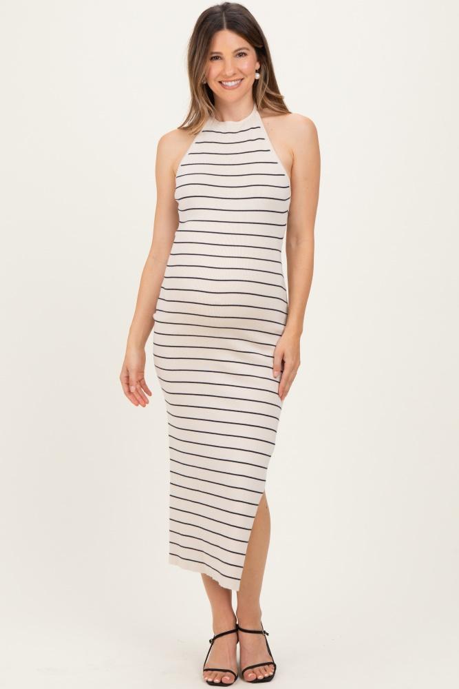 cream striped halter open back maternity midi dress