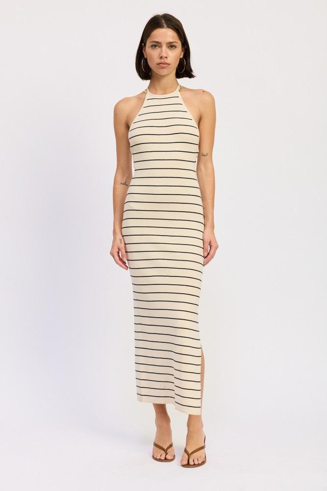 cream striped halter open back midi dress