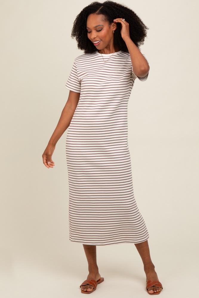 cream striped short sleeve t-shirt midi dress