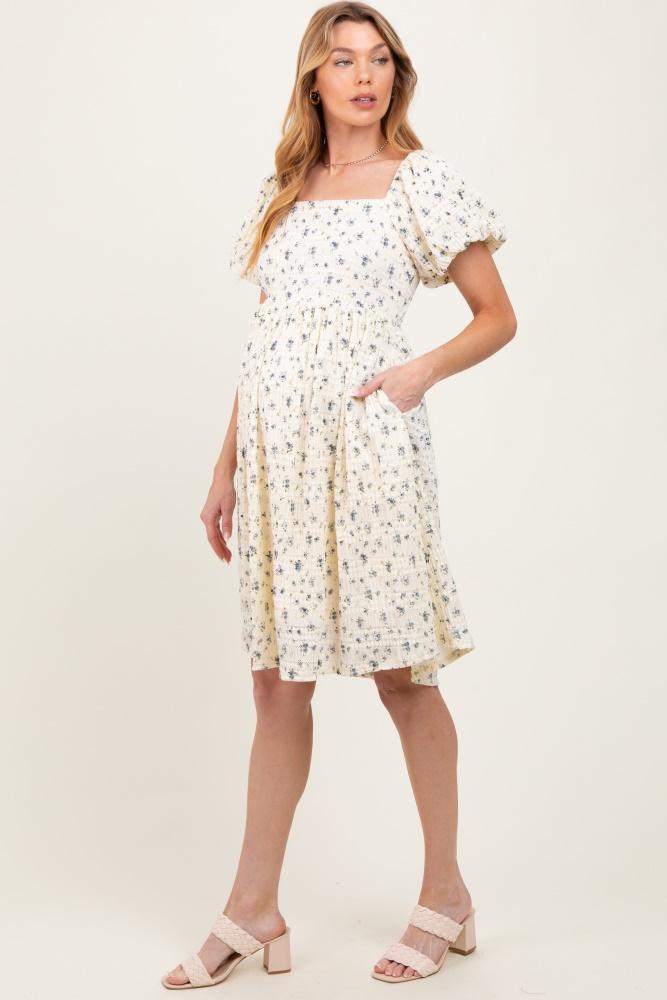 cream textured knit square neck maternity midi dress