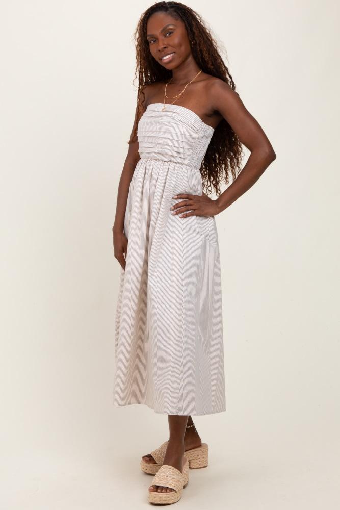 cream tube striped black smocking maxi dress