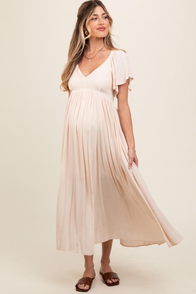 cream v-neck flutter short sleeve maternity midi dress