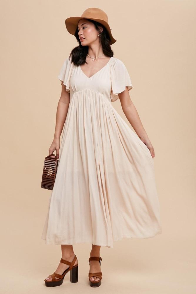 cream v-neck flutter short sleeve midi dress