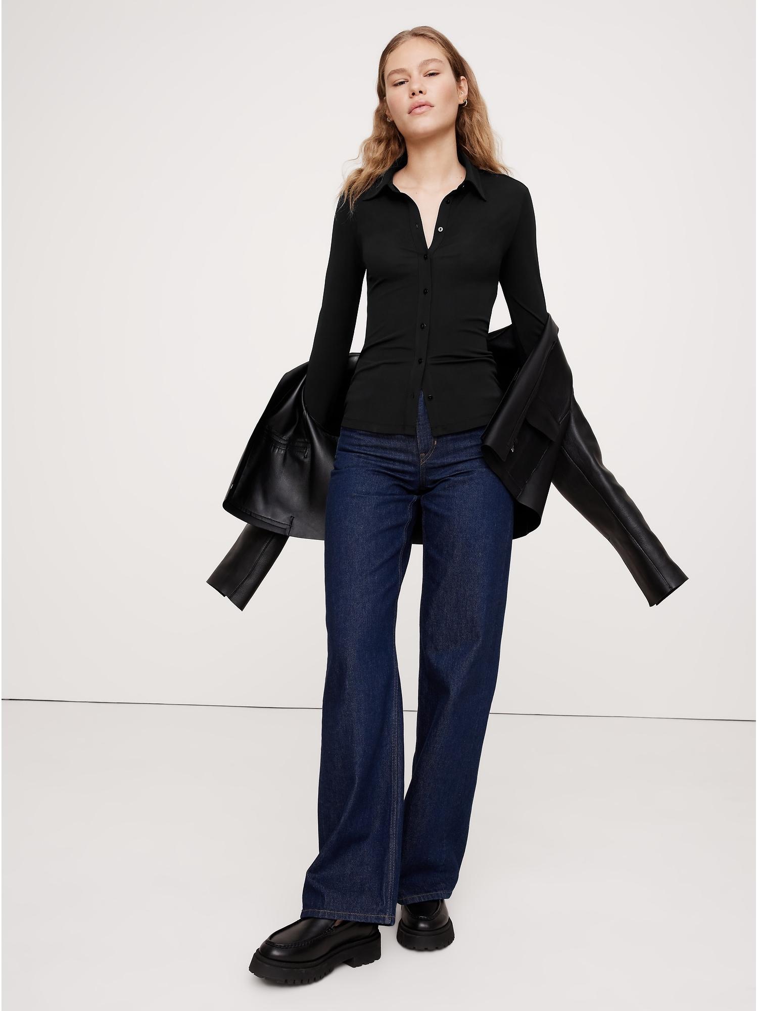 crepe knit button-down shirt