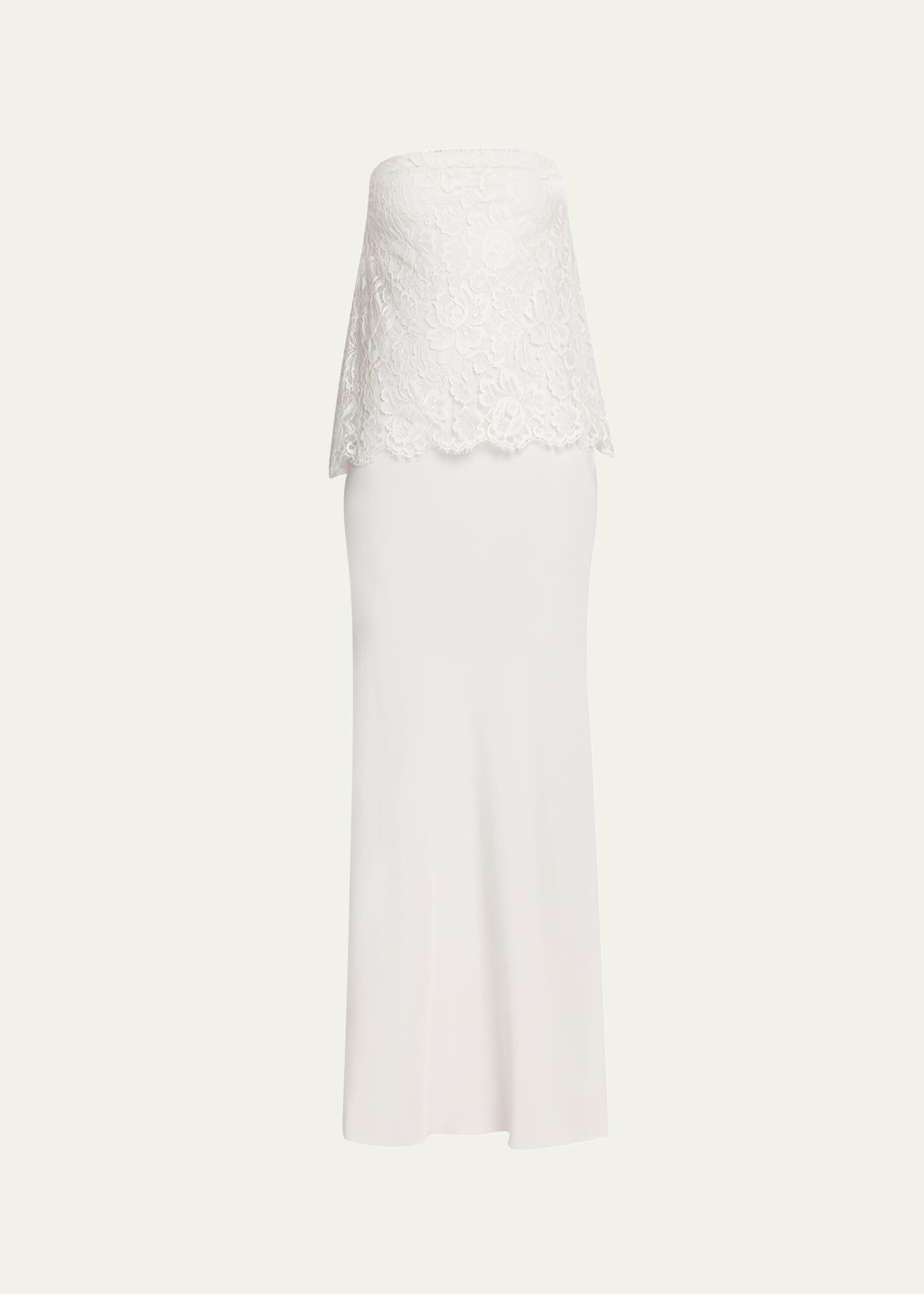 crepe strapless bias gown with lace overlay