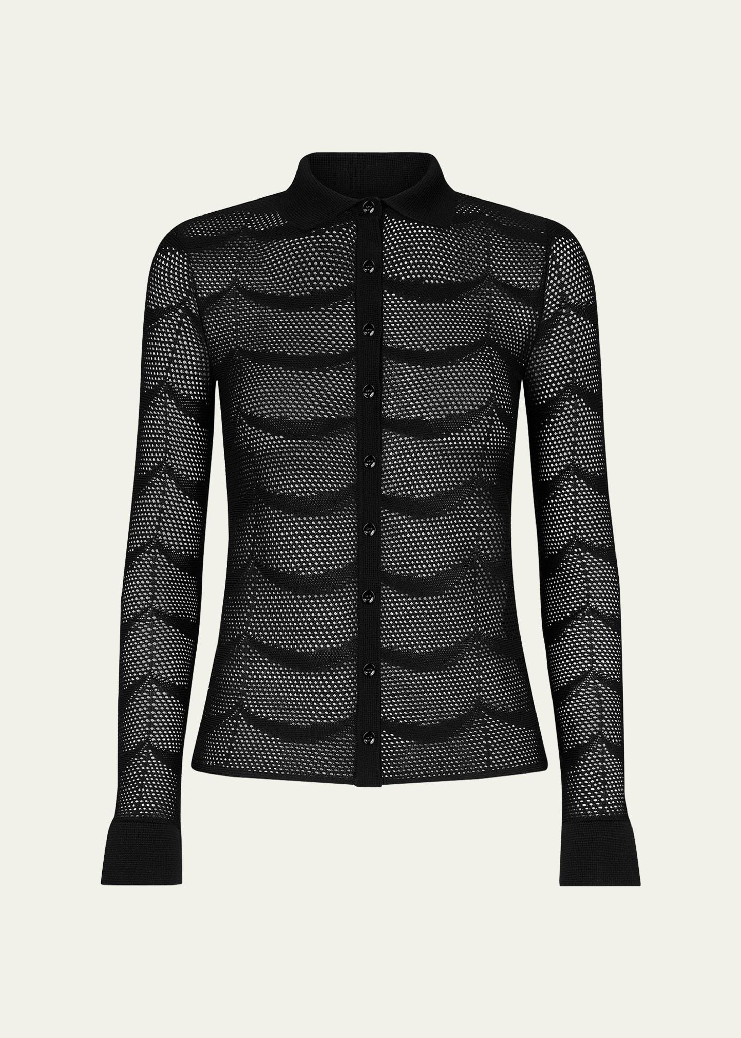 crescent mesh polo button down top
