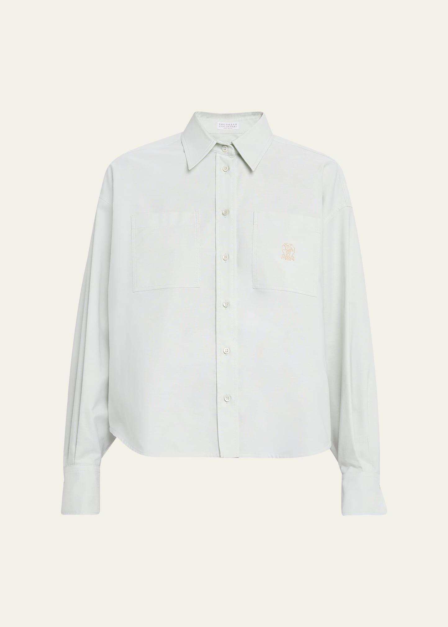 crest embroidered patch-pockets short button-down shirt