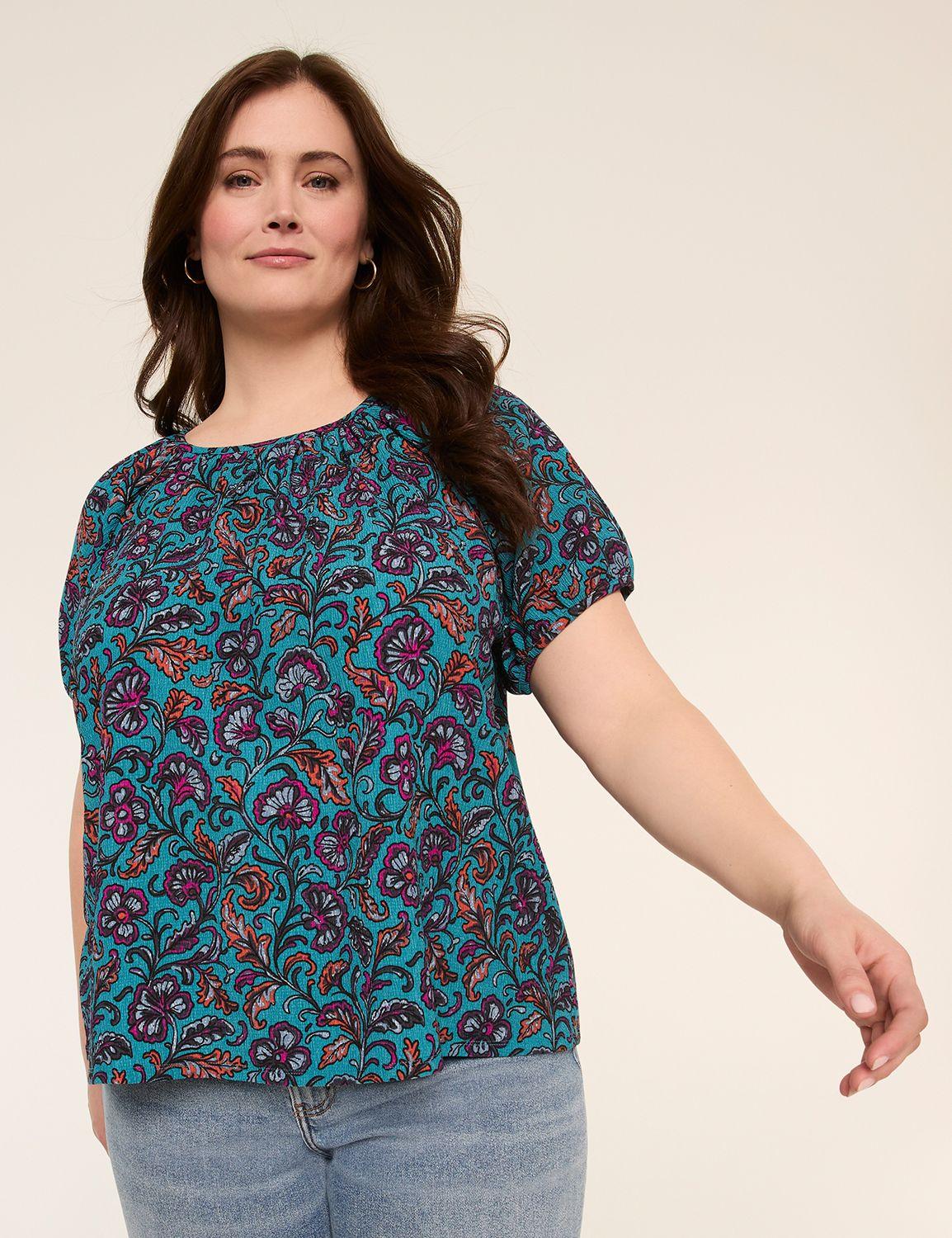 crew-neck puff-sleeve crinkle top