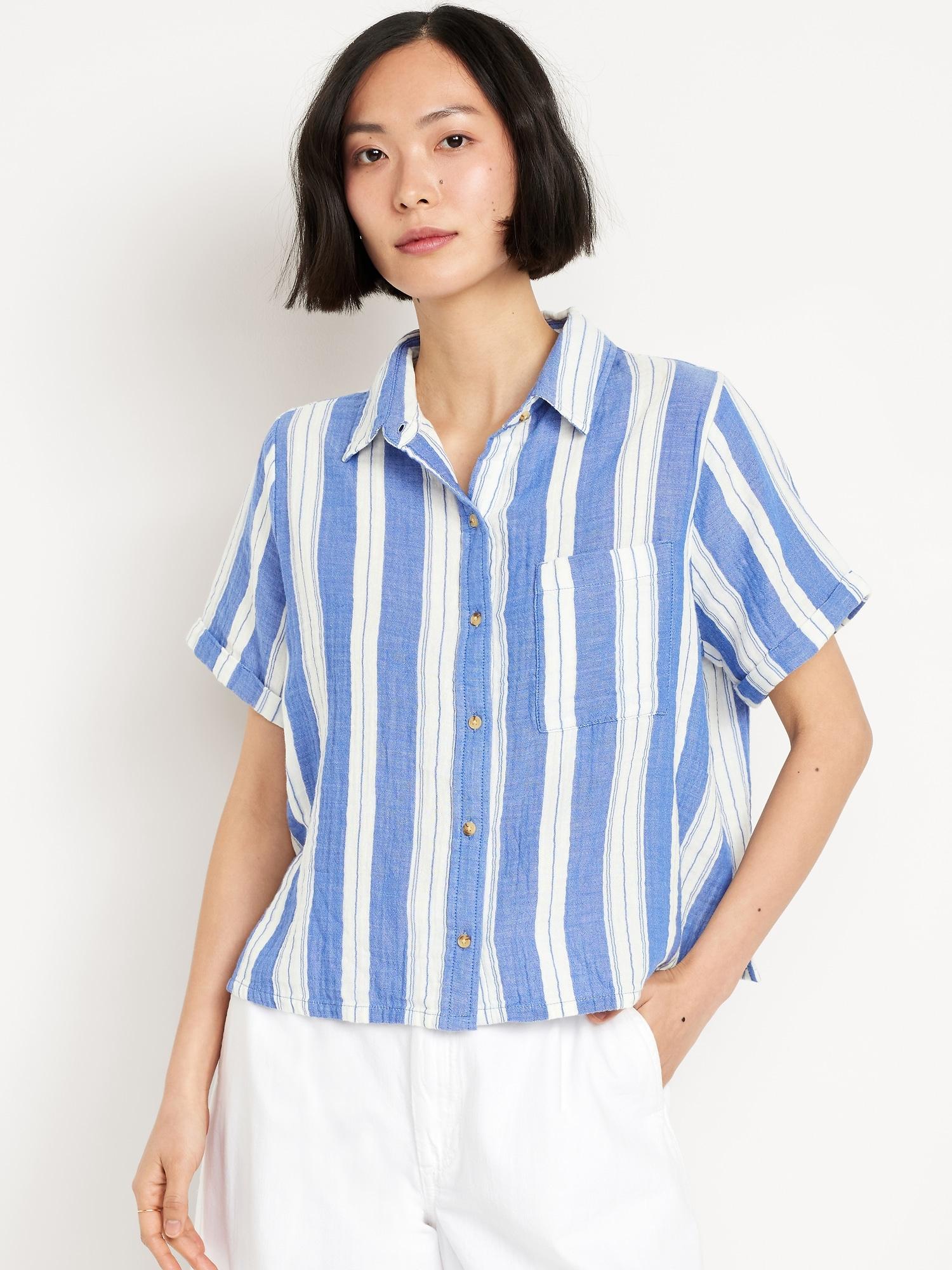crinkle gauze button-down striped shirt
