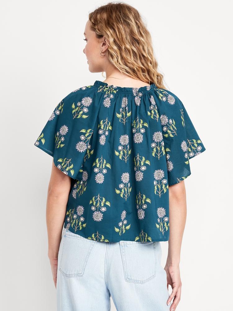 crinkle gauze tassel-tie shirred top