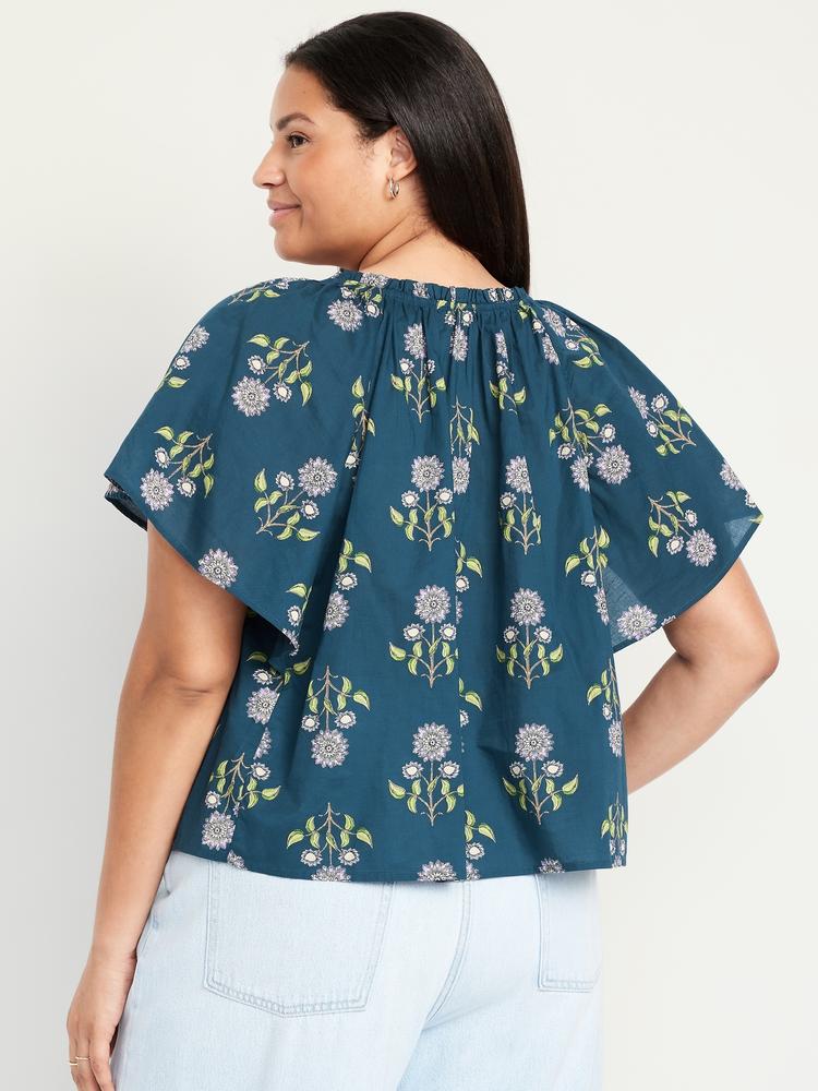 crinkle gauze tassel-tie shirred top
