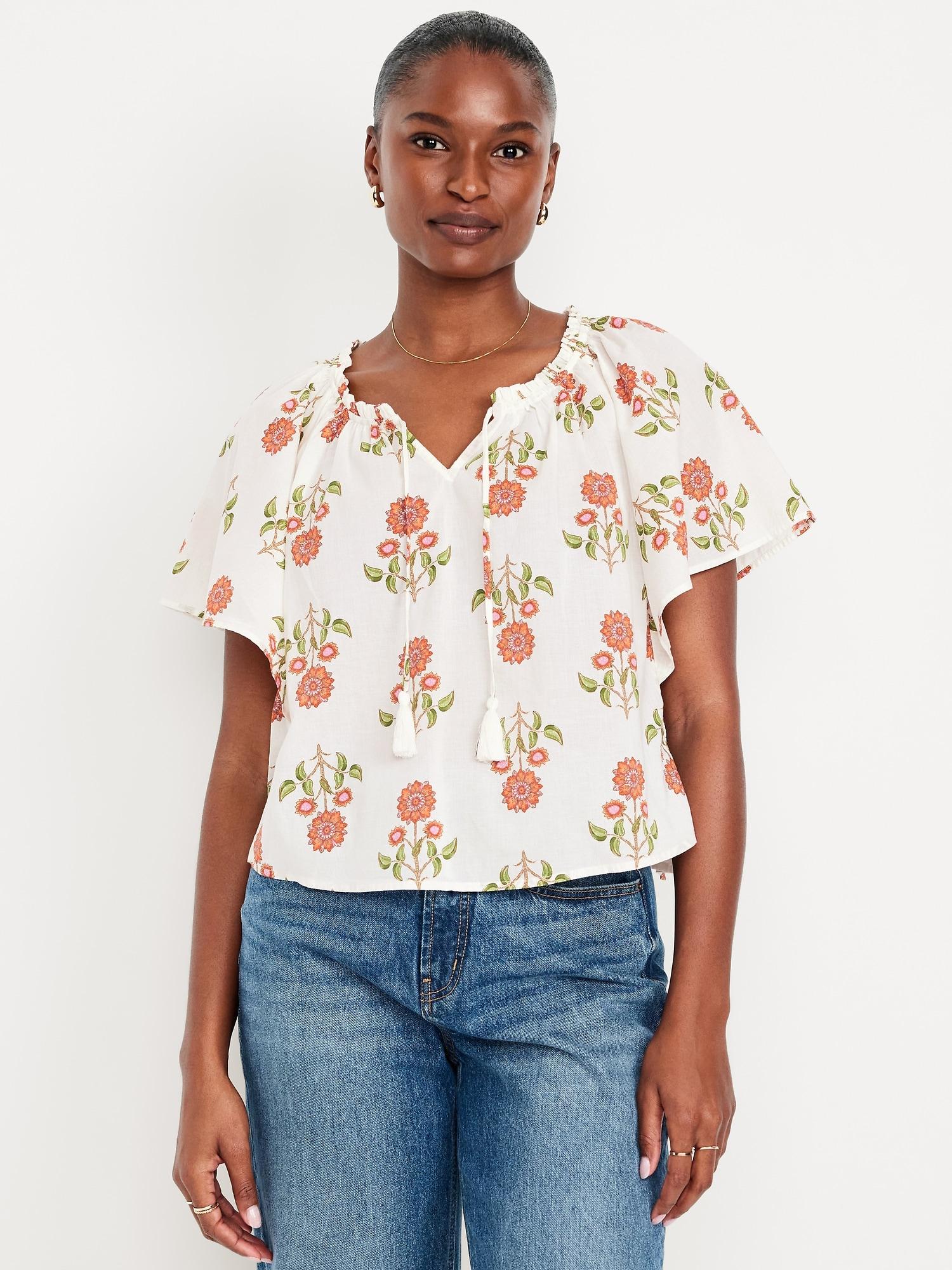 crinkle gauze tassel-tie shirred top